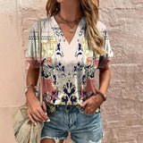 Women's T-Shirt Retro Floral Print Summer Casual V-Neck Lady