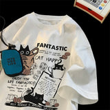 Oversized Cartoon Cat Print Couples Short Sleeve T-Shirt