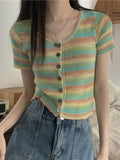 Ice Silk Short Sleeve Open Cardigan Women's Top Rainbow
