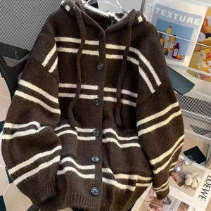 Striped Knit Sewater Women Loose Lazy Single-Breaster Hooded Cardigan Fashion Casual Fall Winter Pretty Style Patchwork Jacket