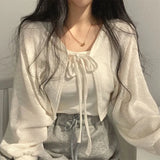 Women's White Knit Cardigan Korean Style Lace-Up Summer Top
