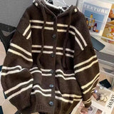 Striped Knit Sewater Women Loose Lazy Single-Breaster Hooded Cardigan Fashion Casual Fall Winter Pretty Style Patchwork Jacket