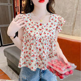 Sweet Floral Print Square Neck Chiffon Shirt Women's Summer