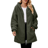 Hooded Plush Loose Zipper Casual Solid Long Sleeved Lightweight Jacket Simple Long Coat Winter Woman Outwear Clothes New Vintage