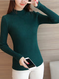 Women's Mock Neck Ruffles Long Sleeve Knitted Bottoming Solid Pullovers Stripe Casual Sweater