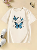 Girls Blue Butterfly Fashion Design T-shirt Kids' Summer Top