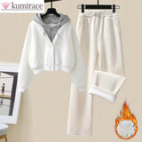 Plush and Thickened Hoodie Jacket Casual Wide Legged Pants Two-piece Elegant Women's Pants Set Winter Outfits