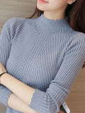 Women's Mock Neck Ruffles Long Sleeve Knitted Bottoming Solid Pullovers Stripe Casual Sweater