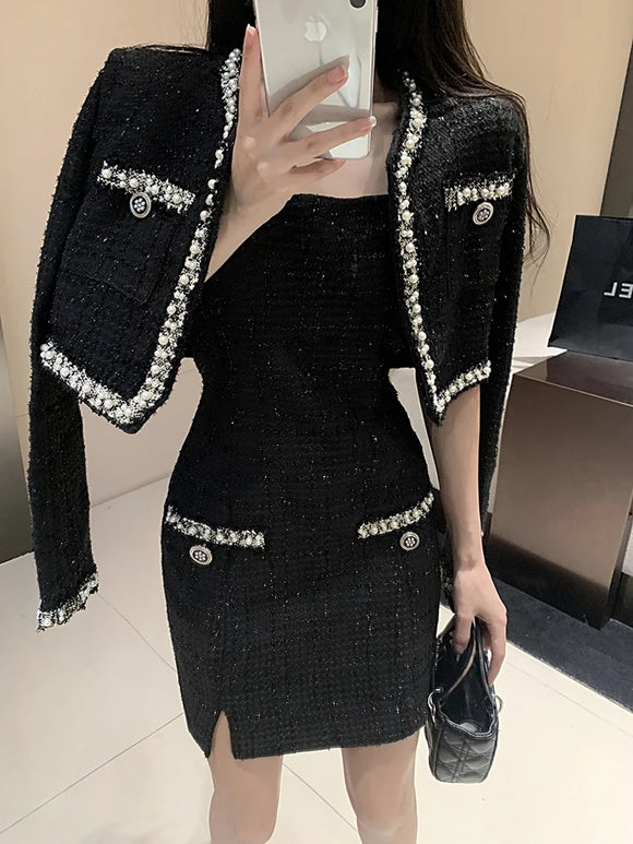 Autumn Small Fragrance Women 2 Piece Set Beaded Tweed Short Jacket Coat + Bodycon Mini Dress Elegant Fashion Party Dress Suit