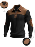 Men’s Half-Zip Polo Sweater – Patchwork Ribbed Long Sleeve Pullover