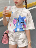 Girls Pink Tie Dye Stitch Cartoon 2Pcs Shorts Set For Summer