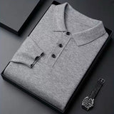 100% Pure Wool Winter Warm Soft Pullover Men's Business Lapel Knitwear Casual Solid Color Long Sleeve Polo Shirt Office