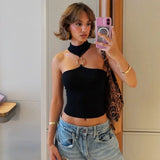 Metal Buckle Decoration Tank Tops Women's Off-Shoulder Outfit