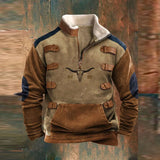 Men’s Graphic Patchwork Hoodie – Vintage Zipper Stand Collar Top