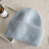 Women's Rabbit Fur Winter Hat Warm Beanie Solid Color Cap
