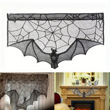 Black Bat Lace Halloween Tablecloth & Fireplace Mantel Scarf Cover