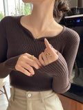 Women's V-Neck Ruffles Long Sleeve Knitted Bottoming Solid Pullovers Stripe Casual Sweater