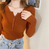 Women’s V-Neck Button Sweater Long Sleeve Slim Knit Pullover