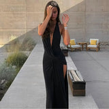 Women's Deep V Neck High Slit Backless Maxi Dress for Summer