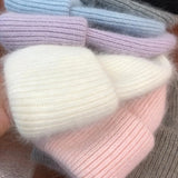 Women's Rabbit Fur Winter Hat Warm Beanie Solid Color Cap