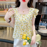 Sweet Floral Print Square Neck Chiffon Shirt Women's Summer