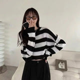 Korean Style Striped Cropped Sweater Women Oversize Knit Jumper