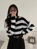 Korean Style Striped Cropped Sweater Women Oversize Knit Jumper