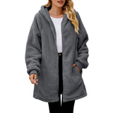 Hooded Plush Loose Zipper Casual Solid Long Sleeved Lightweight Jacket Simple Long Coat Winter Woman Outwear Clothes New Vintage