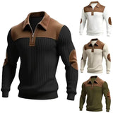 Men’s Half-Zip Polo Sweater – Patchwork Ribbed Long Sleeve Pullover