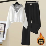 Plush and Thickened Hoodie Jacket Casual Wide Legged Pants Two-piece Elegant Women's Pants Set Winter Outfits