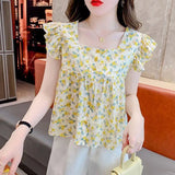 Sweet Floral Print Square Neck Chiffon Shirt Women's Summer