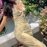 Women's Floral Print Maxi Dress Backless Summer Beachwear