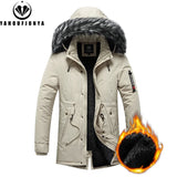 Men's Windproof Fleece Warm Detachable Hooded Parka Winter Jacket Solid Zipper Coat 6XL