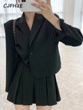 CJFHJE Fashion Stripe Blazer Women Autumn Notched Single Breasted Suit Korean Elegant Jacket High Elastic Waist Pleated Skirt