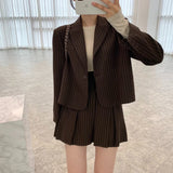 CJFHJE Fashion Stripe Blazer Women Autumn Notched Single Breasted Suit Korean Elegant Jacket High Elastic Waist Pleated Skirt