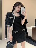 Autumn Small Fragrance Women 2 Piece Set Beaded Tweed Short Jacket Coat + Bodycon Mini Dress Elegant Fashion Party Dress Suit