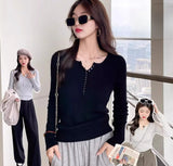 Women’s V-Neck Button Sweater Long Sleeve Slim Knit Pullover