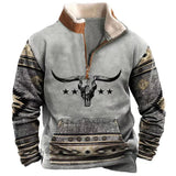 Men’s Graphic Patchwork Hoodie – Vintage Zipper Stand Collar Top