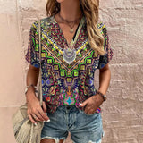 Women's T-Shirt Retro Floral Print Summer Casual V-Neck Lady