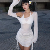 Women's Ruched Lace-Up Sheer Mini Party Dress Summer 2026