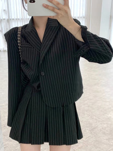 CJFHJE Fashion Stripe Blazer Women Autumn Notched Single Breasted Suit Korean Elegant Jacket High Elastic Waist Pleated Skirt