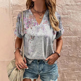 Women's T-Shirt Retro Floral Print Summer Casual V-Neck Lady