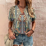 Women's T-Shirt Retro Floral Print Summer Casual V-Neck Lady