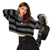 Korean Style Striped Cropped Sweater Women Oversize Knit Jumper