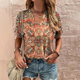 Women's T-Shirt Retro Floral Print Summer Casual V-Neck Lady