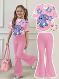 Kids' Girls' Stitch Cartoon Print 2-Pc. Outfit: Floral T-Shirt