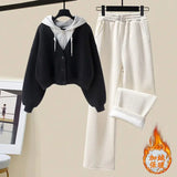 Plush and Thickened Hoodie Jacket Casual Wide Legged Pants Two-piece Elegant Women's Pants Set Winter Outfits