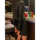 Matching Set Sexy Women Lapel Double Pockets Faux Leather Crop Jacket High Waist Mini Pleated Skirt Sets Black