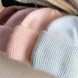 Women's Rabbit Fur Winter Hat Warm Beanie Solid Color Cap