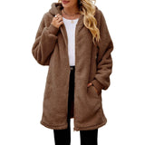 Hooded Plush Loose Zipper Casual Solid Long Sleeved Lightweight Jacket Simple Long Coat Winter Woman Outwear Clothes New Vintage